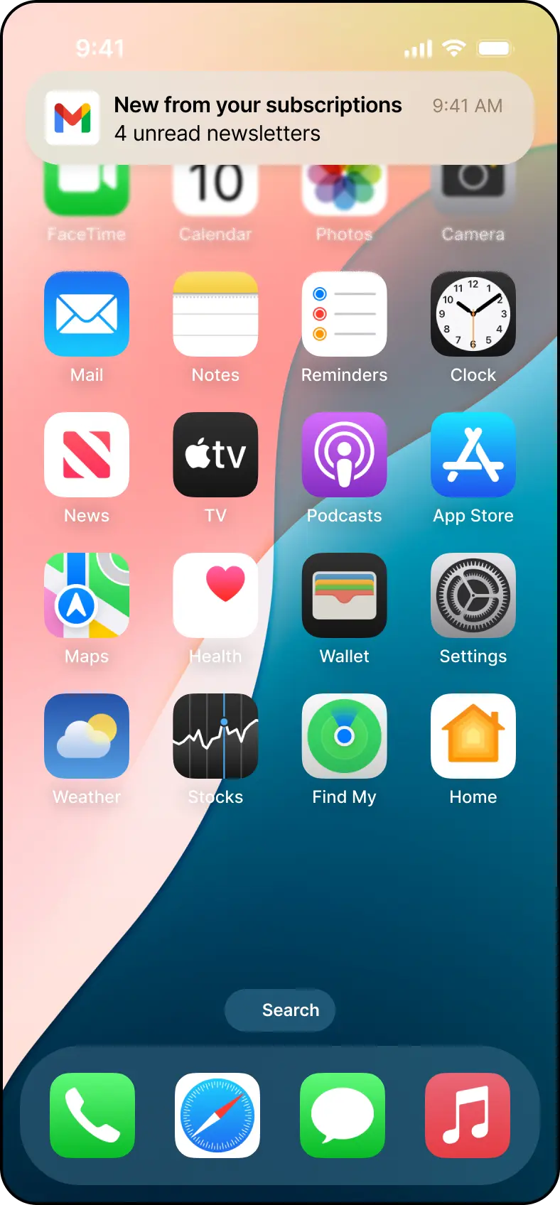 iPhone home screen with an alert/notification at the top that says 'New from your subscriptions. 4 unread newsletters